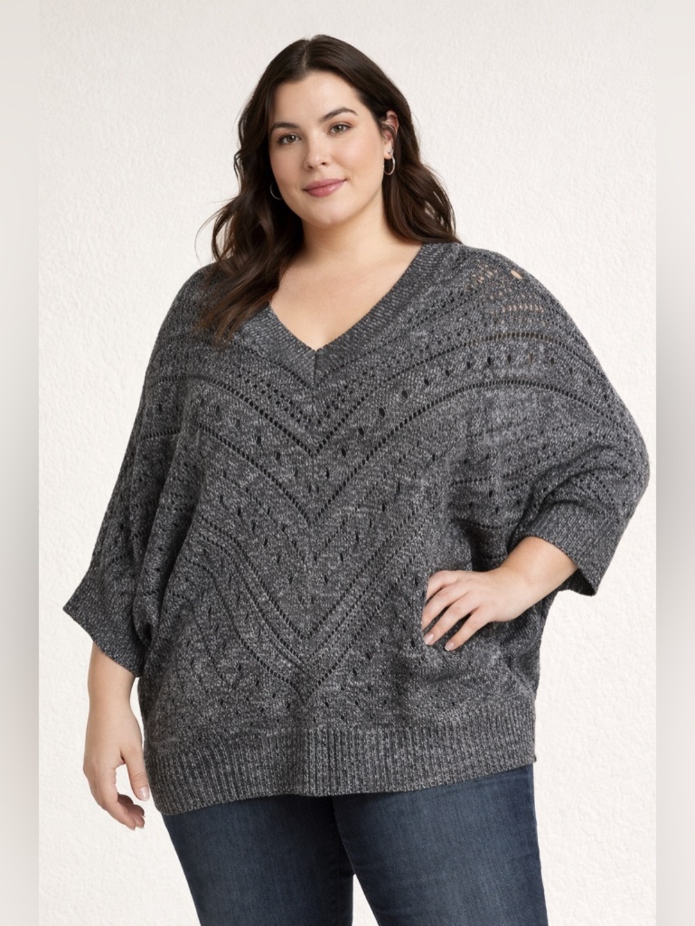 Torrid Size 1 Gray Open Knit Sweater V-Neck Dolman Sleeve Lightweight Top